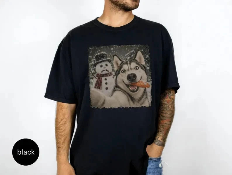 Husky Christmas Selfie Stole the Snowman's Nose T Shirt Cute Holiday Graphic Tee