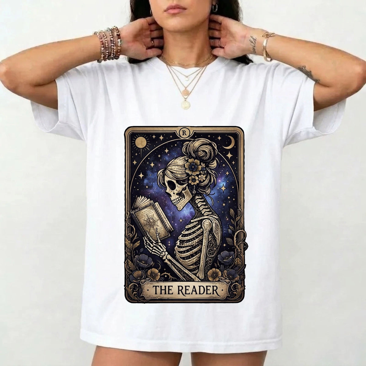 The Reader Skeleton Halloween T-Shirt - Gothic Tarot Dark Card Book Lover Gift
