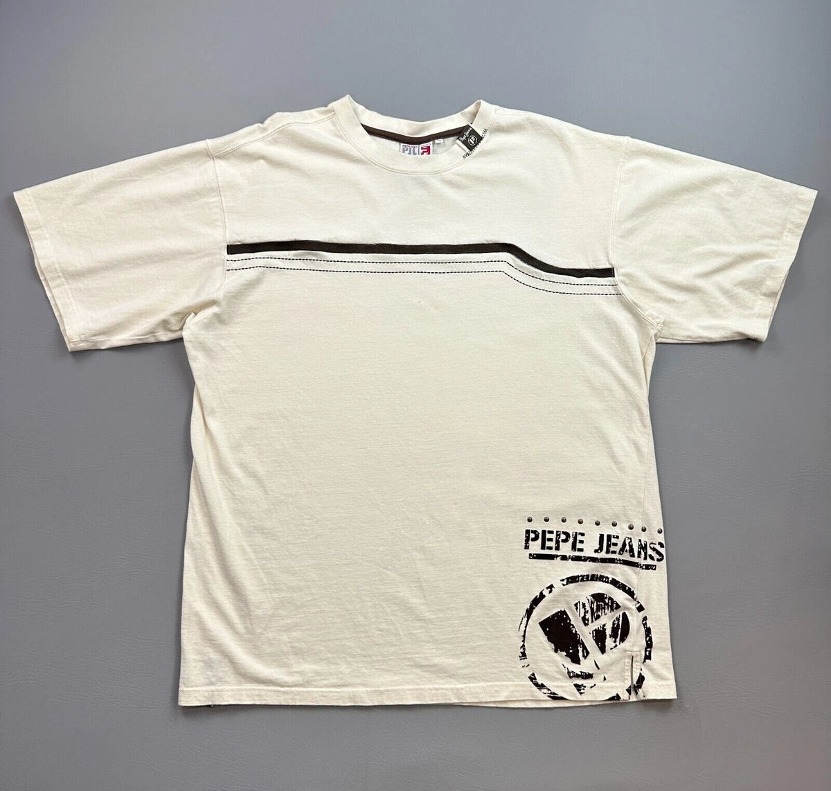 Vintage Pepe Jeans Shirt Mens 2XL Cream Felt Logo Hip Hop Street Wear Skate Y2K