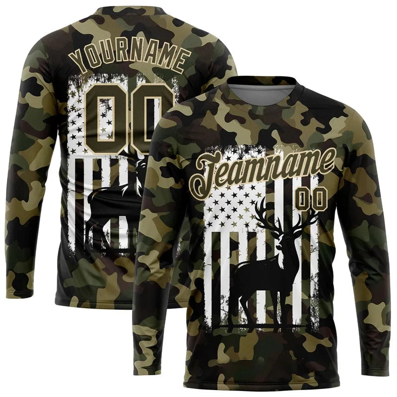 Custom Camo 3D Animal Deer Hunting American Flag Long Sleeve T-Shirt HS1522