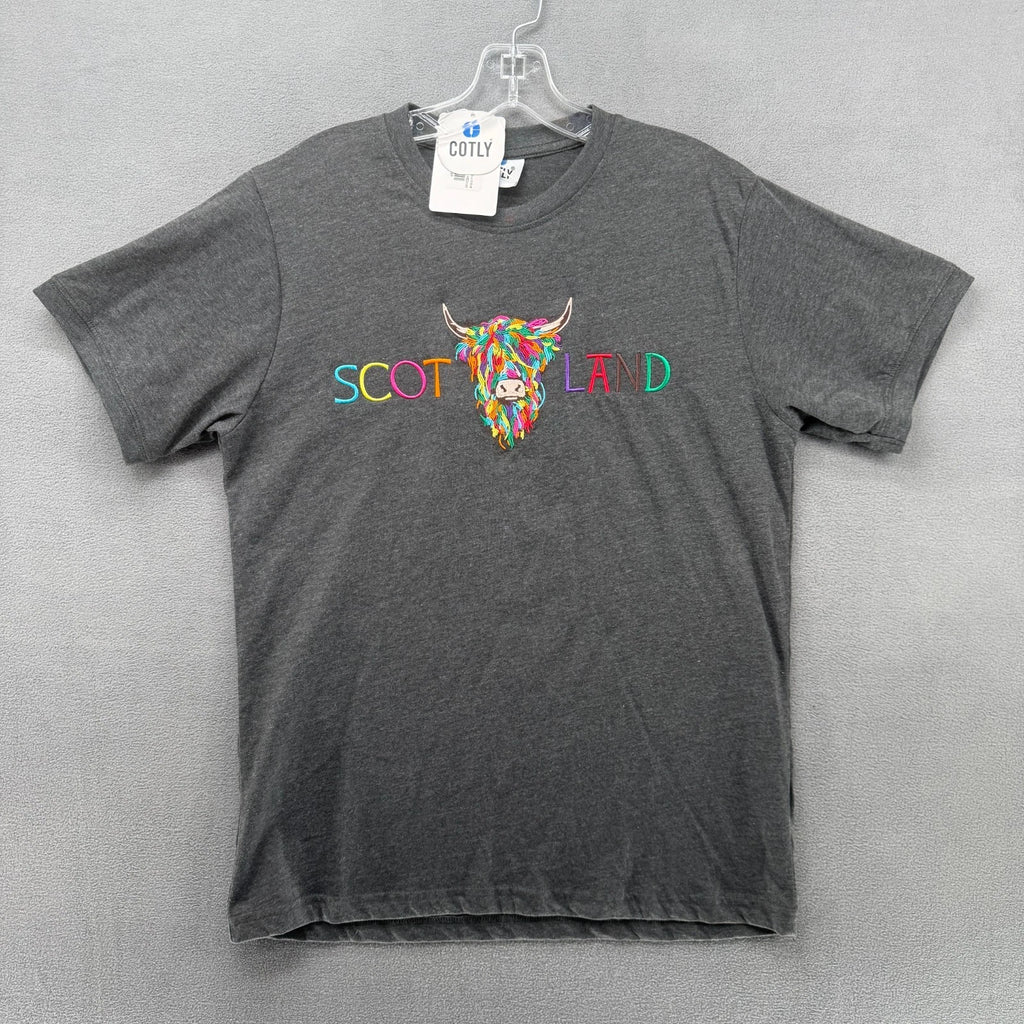 Cotly T-Shirt Unisex Medium Gray Highland Cow Scotland Embroidered NWT