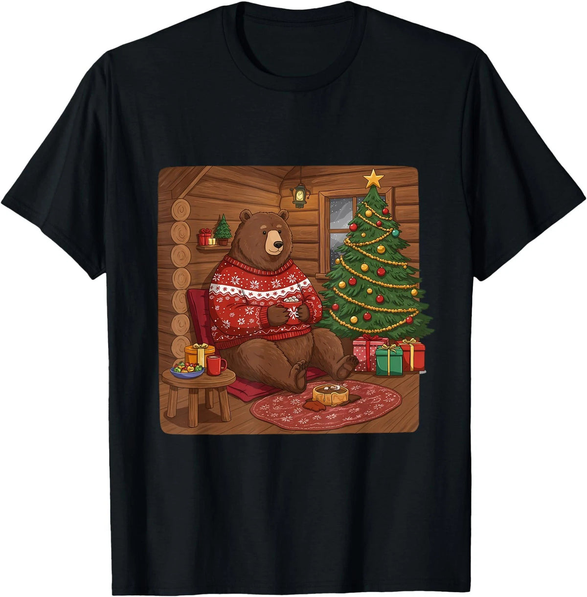 Cozy Christmas Bear Hot Cocoa & Holiday Cheer in Log Cabin T-Shirt