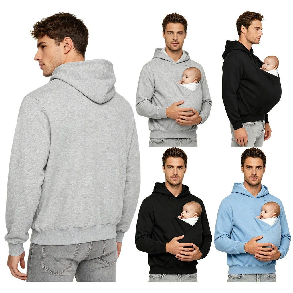 Men Top Kangaroo Baby Pouch Sweatshirt Dad Sweater Hoodie Comfortable Pullover