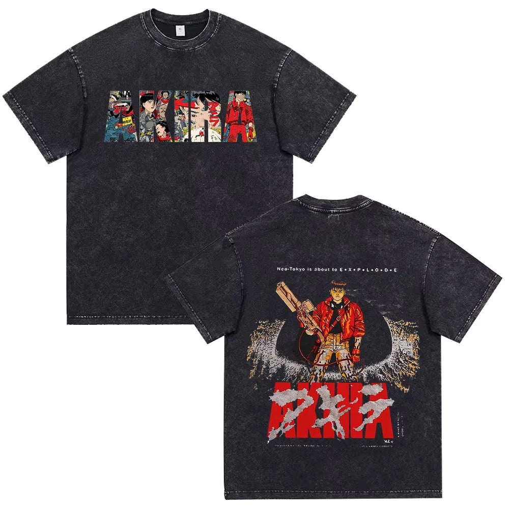 Akira Anime Shotaro Kaneda Washed Black Graphic Shirt Vintage Y2K Streetwear Tee