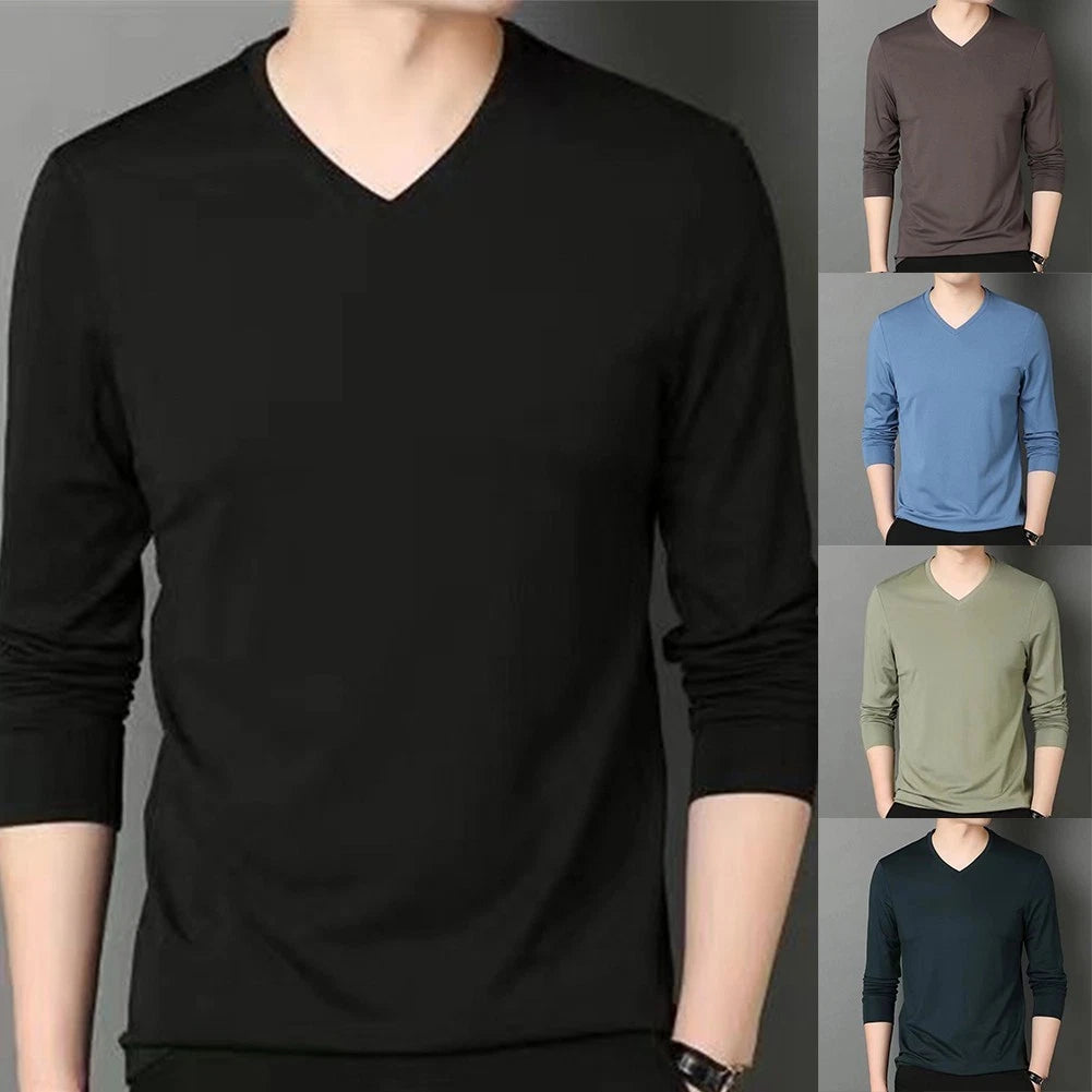 Trendy Men's Casual Long Sleeve T Shirt with V Neck for Muscle Workout