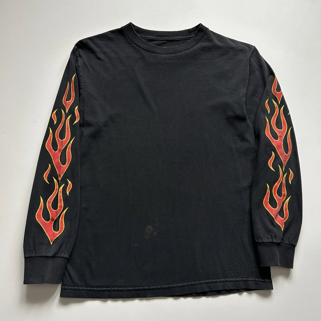 Vintage Y2K Long Sleeve T-Shirt Flames Fire Graphic Faded Black Mens Small Rare