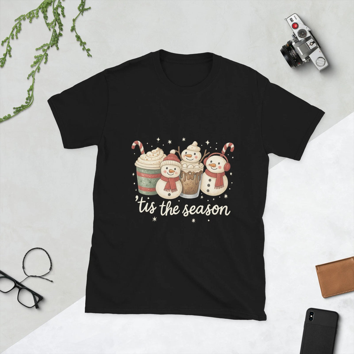 Whimsical Snowmen Holiday Tee – Cozy Drinks, Festive Glow, Unisex Xmas Shirt