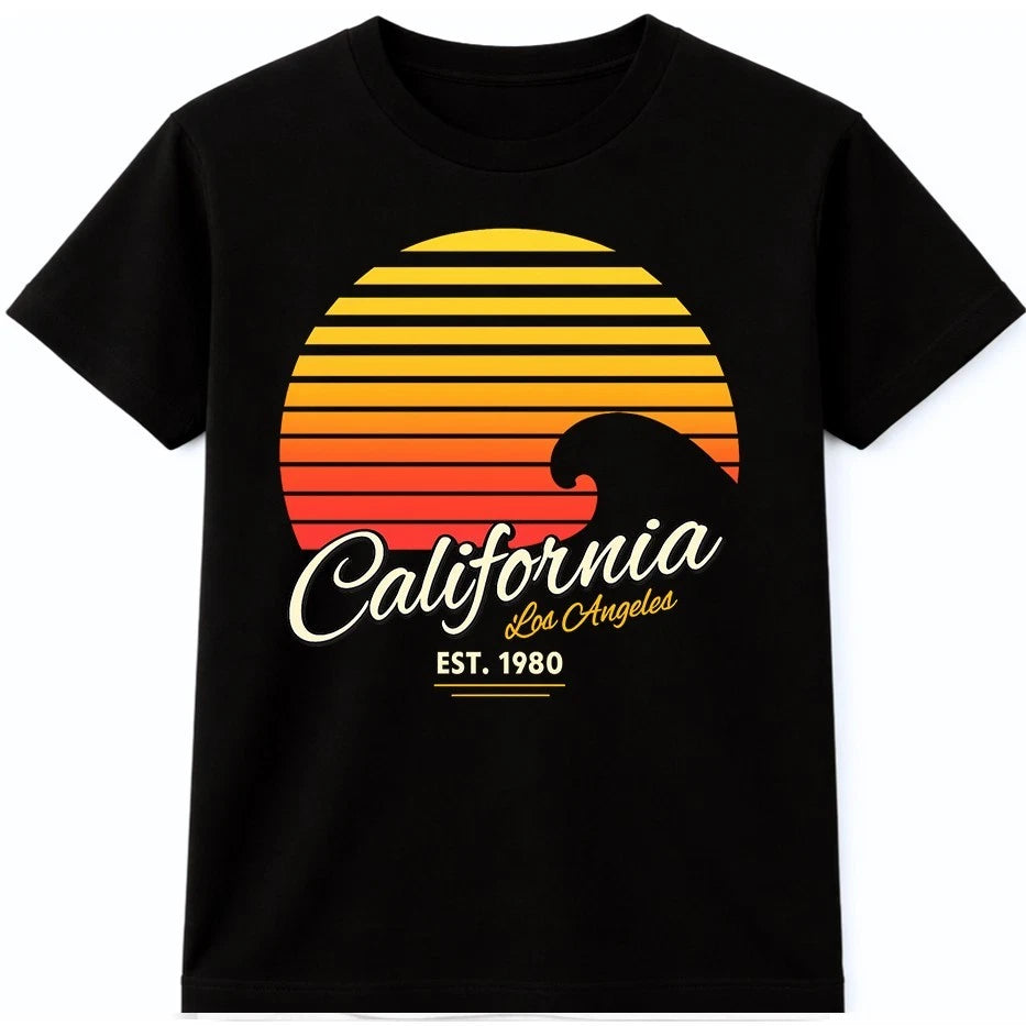 California Los Angeles Retro Sunset Wave Vintage 1980s Beach Graphic T-Shirt.