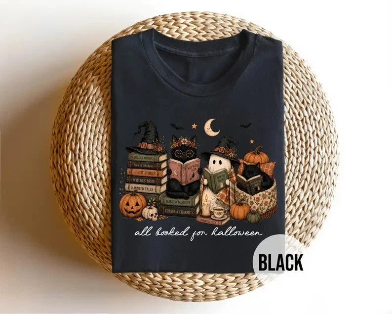 All Booked for Halloween Shirt, Book Lover Halloween Tee, Ghost Reading Shirt, W
