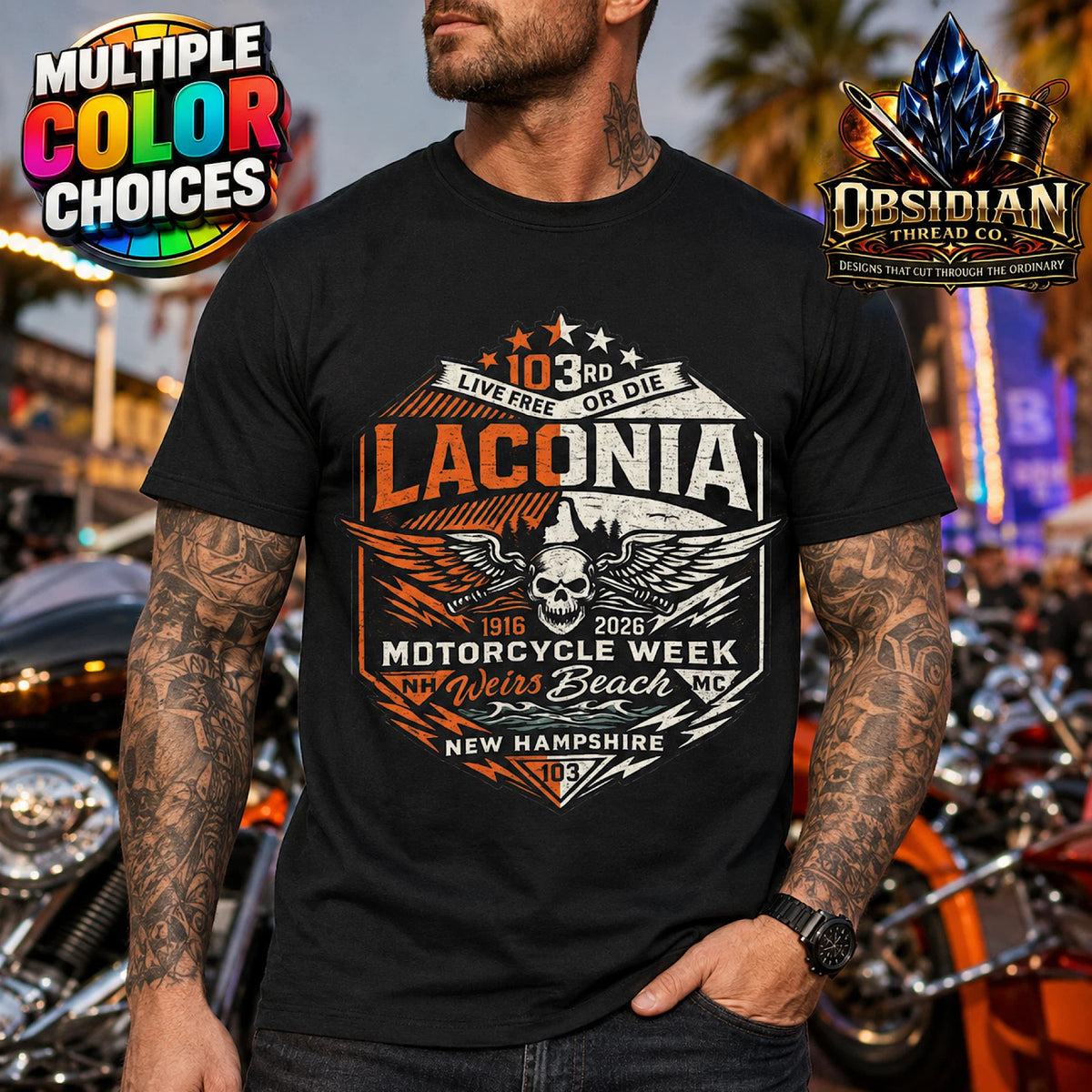 Laconia 2026 Motorcycle Week Shirt 103rd Weirs Beach NH Biker Tee No Harley