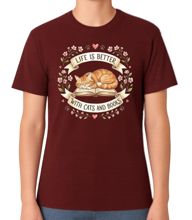 Life Is Better With Cats and Books Unisex Graphic T-Shirt Book Lover Tee