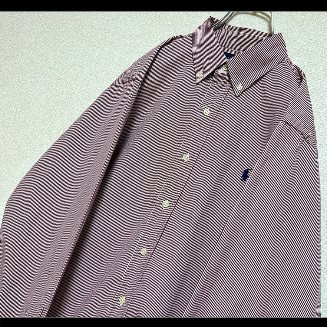 Ralph Lauren Long Sleeve Button Down Shirt Red Navy Stripe Pony Embroidery M Ja
