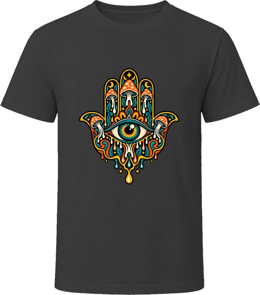 Mystical All-Seeing Eye Hand with Magic Mushrooms and Floral Elements T Shirt
