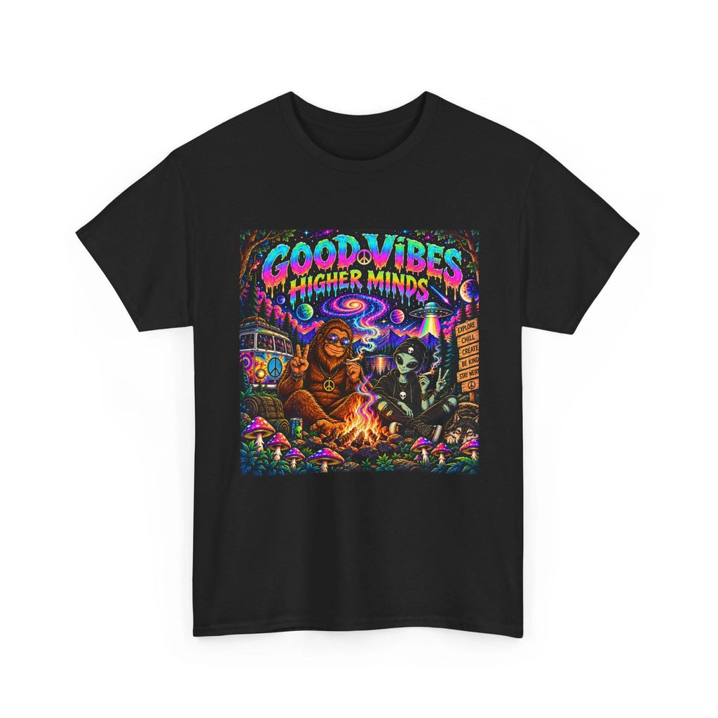 Good Vibes Higher Minds T-Shirt | Psychedelic Campfire Mushroom Design