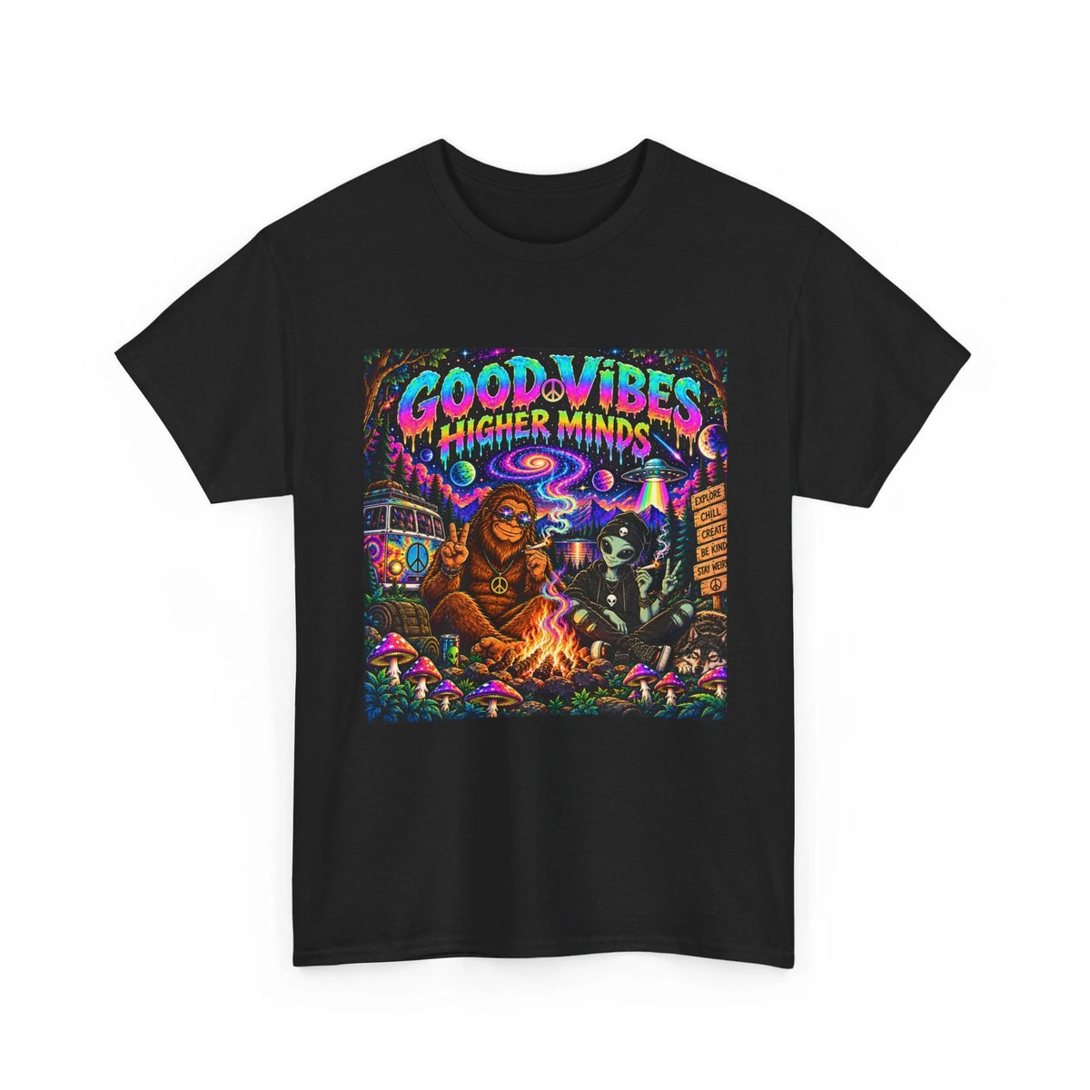 Good Vibes Higher Minds T-Shirt | Psychedelic Campfire Mushroom Design