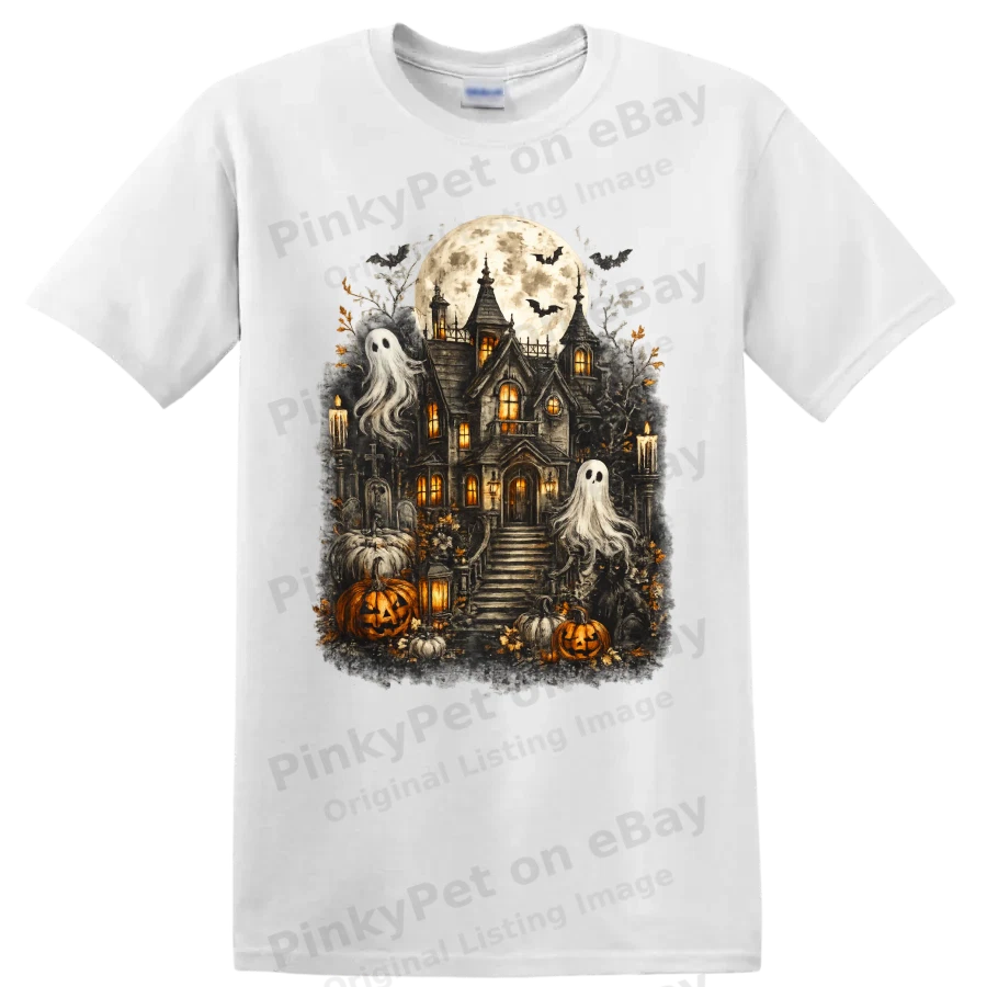Haunted House Halloween Ghosts Pumpkins Spooky Gothic Vintage T Shirt Horror Tee
