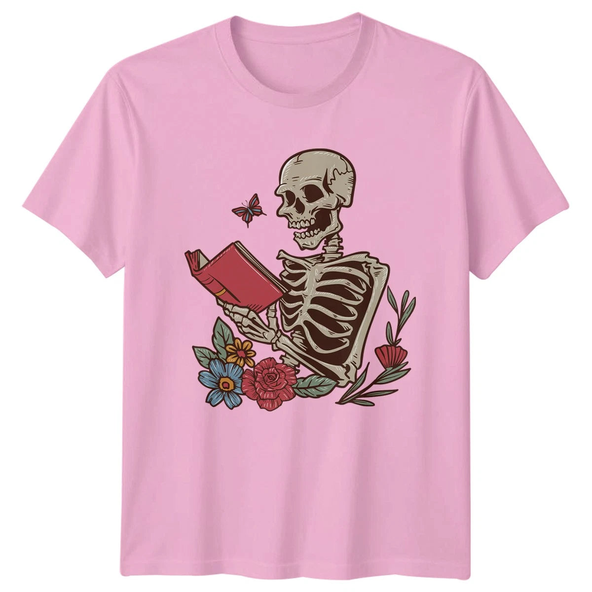 Skeleton Reading Book With Flowers Womens T-Shirt Dark Academia Gift For Her