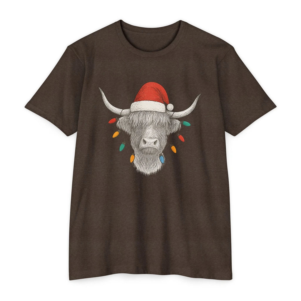 Highland Cow Christmas Lights T-Shirt | Cute Festive Cow Tee Gift