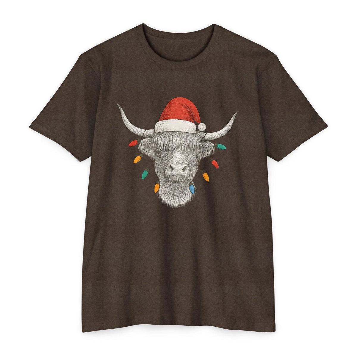 Highland Cow Christmas Lights T-Shirt | Cute Festive Cow Tee Gift