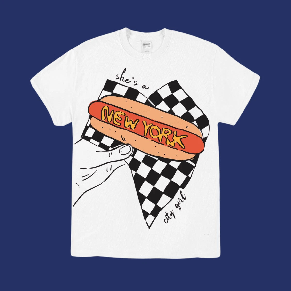 Shes A New York City Girl T-Shirt Hot Dog White Graphic Tee NY Street Style Wome