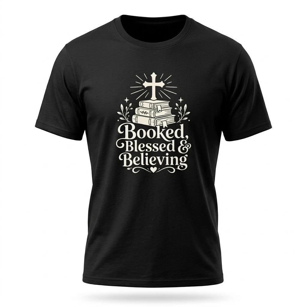 Booked Blessed & Believing Christian Book Lover Black T-Shirt Reading Tee