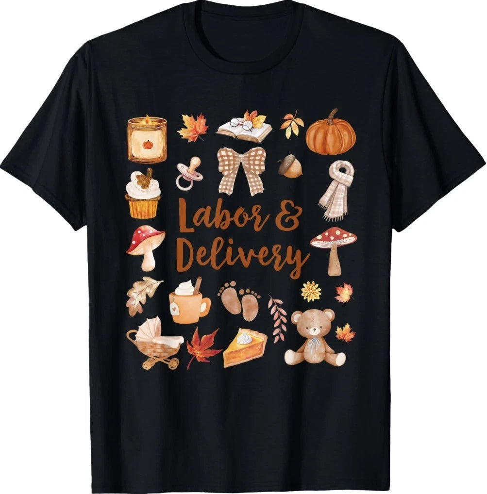 Fall Labor and Delivery Nurse Autumn Leaves Pumpkin Bow Bear T-Shirt