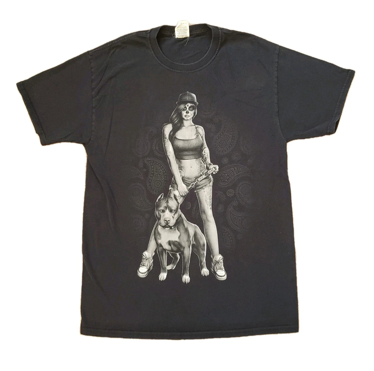 Vintage Y2K Sugar Skull Hood Girl Size Medium Mens Black T-Shirt Pit bull Latina