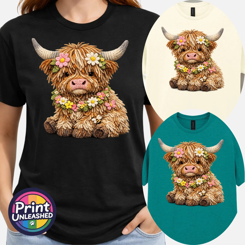 Highland Cow T-Shirt Gift Floral Yarn Effect Spring Calf Graphic Tee S-2XL