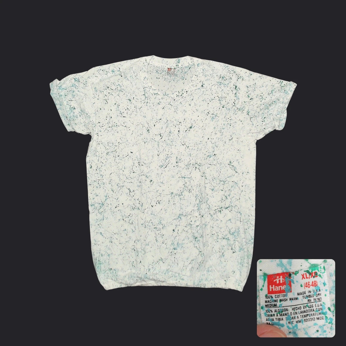 Vintage 80s Hanes Paint Splatter T-Shirt Custom Bubble Hem White Aqua Fit M