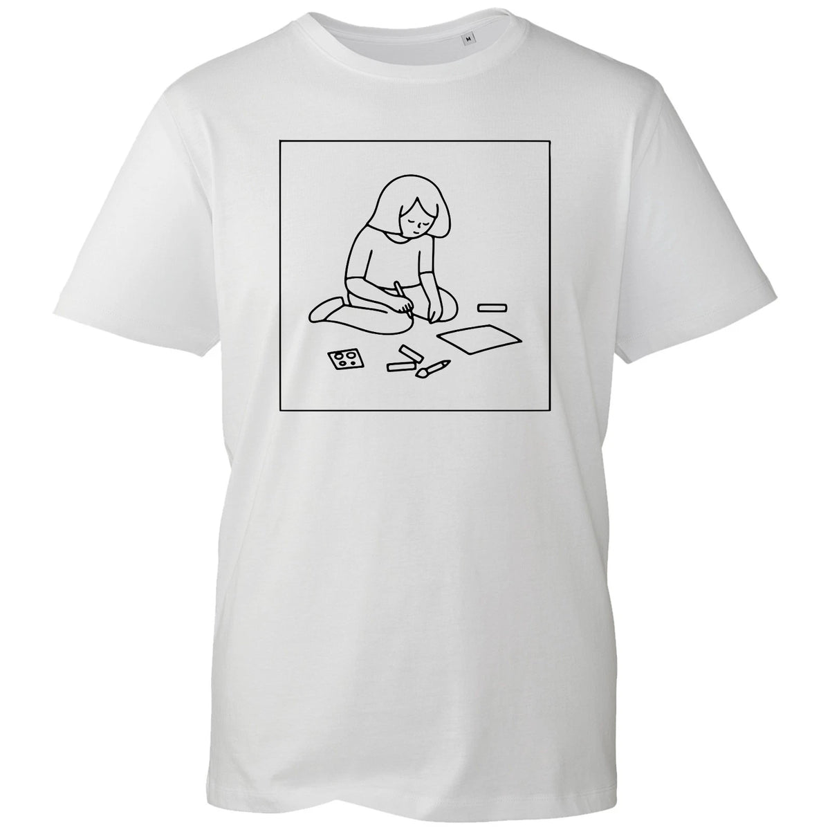 Cute Artist Drawing Girl Line Art Novelty Unisex Black Graphic Cotton T-Shirt