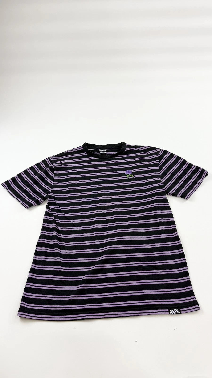 Broken Promises Shirt Mens XL Black Purple Striped Rose Embroidered Skate Tee