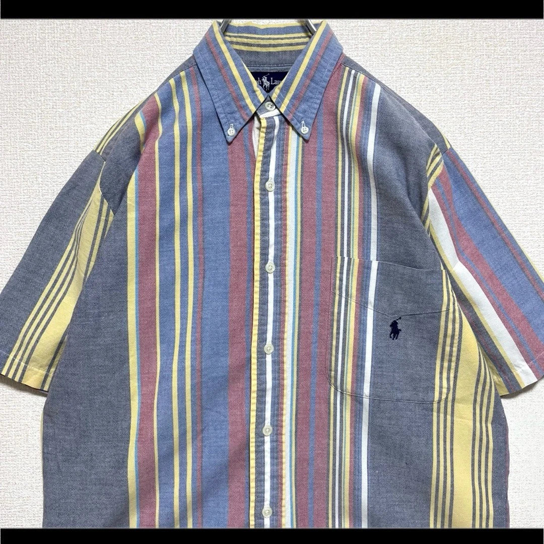 Ralph Lauren Polo Shirt Short Sleeve Navy Striped Chest Pocket Pony Embroidery