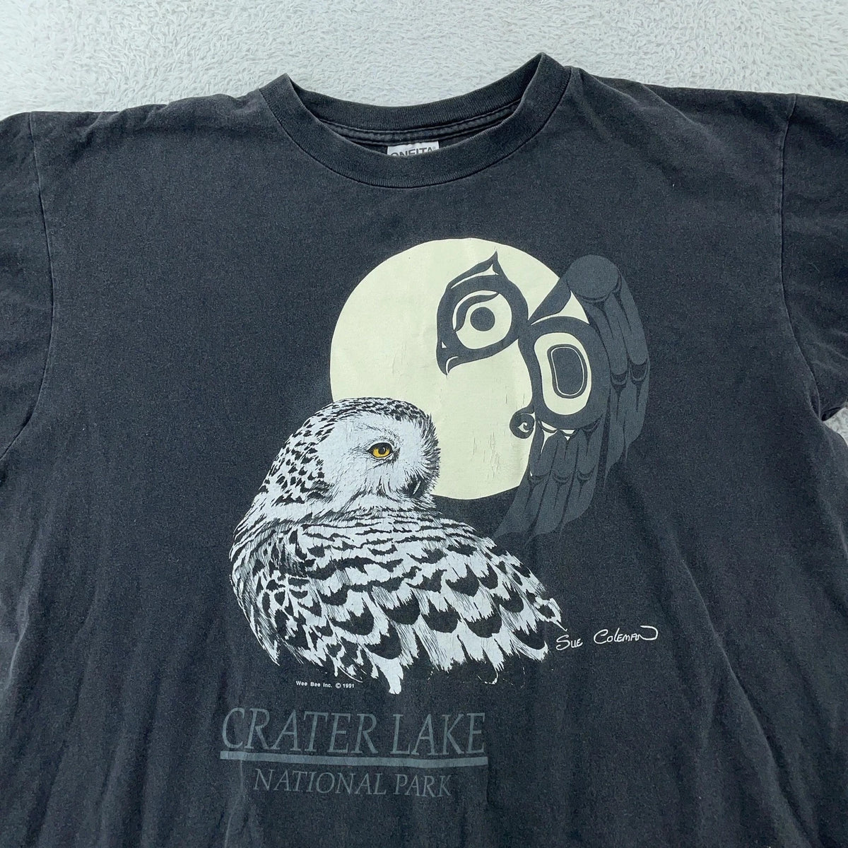 Vintage Crater Lake National Park Owl Shirt Mens XL Black Sue Coleman Art 90s