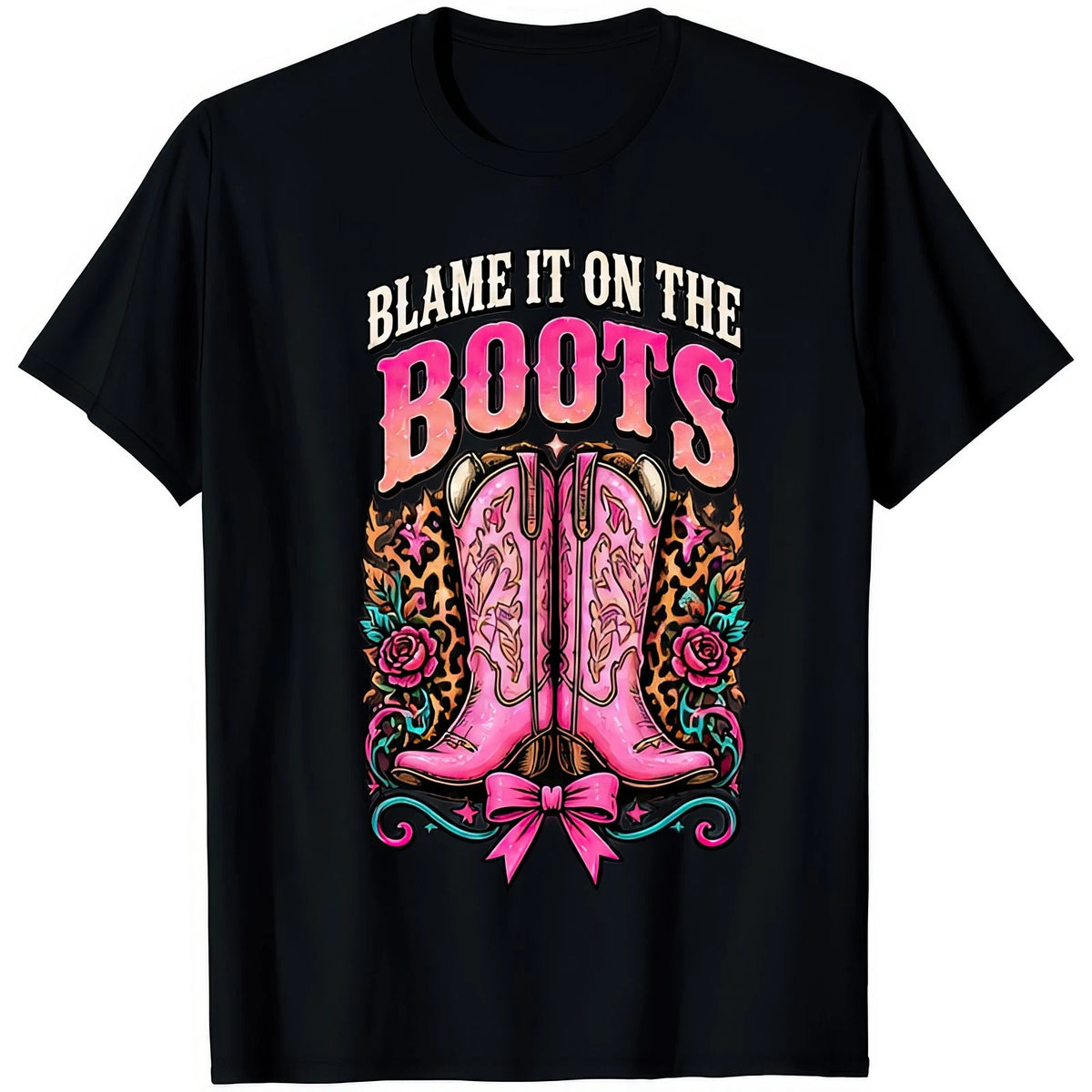 Blame It On The Boots Leopard Print Bow Cowgirl Western Rodeo Gift T Shirt
