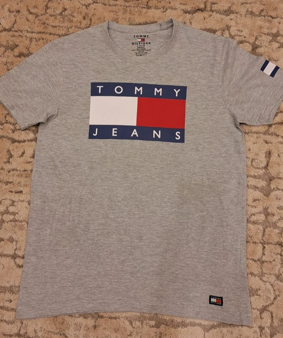 Tommy Hilfiger Jeans T-Shirt Gray Logo Flag Graphic Regular Fit Men's Size L