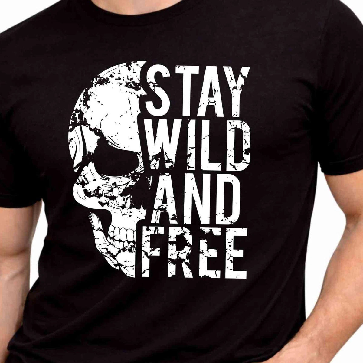 Stay Wild And Free Skull Distressed Rebel Adventure Motivational Graphic T-Shirt