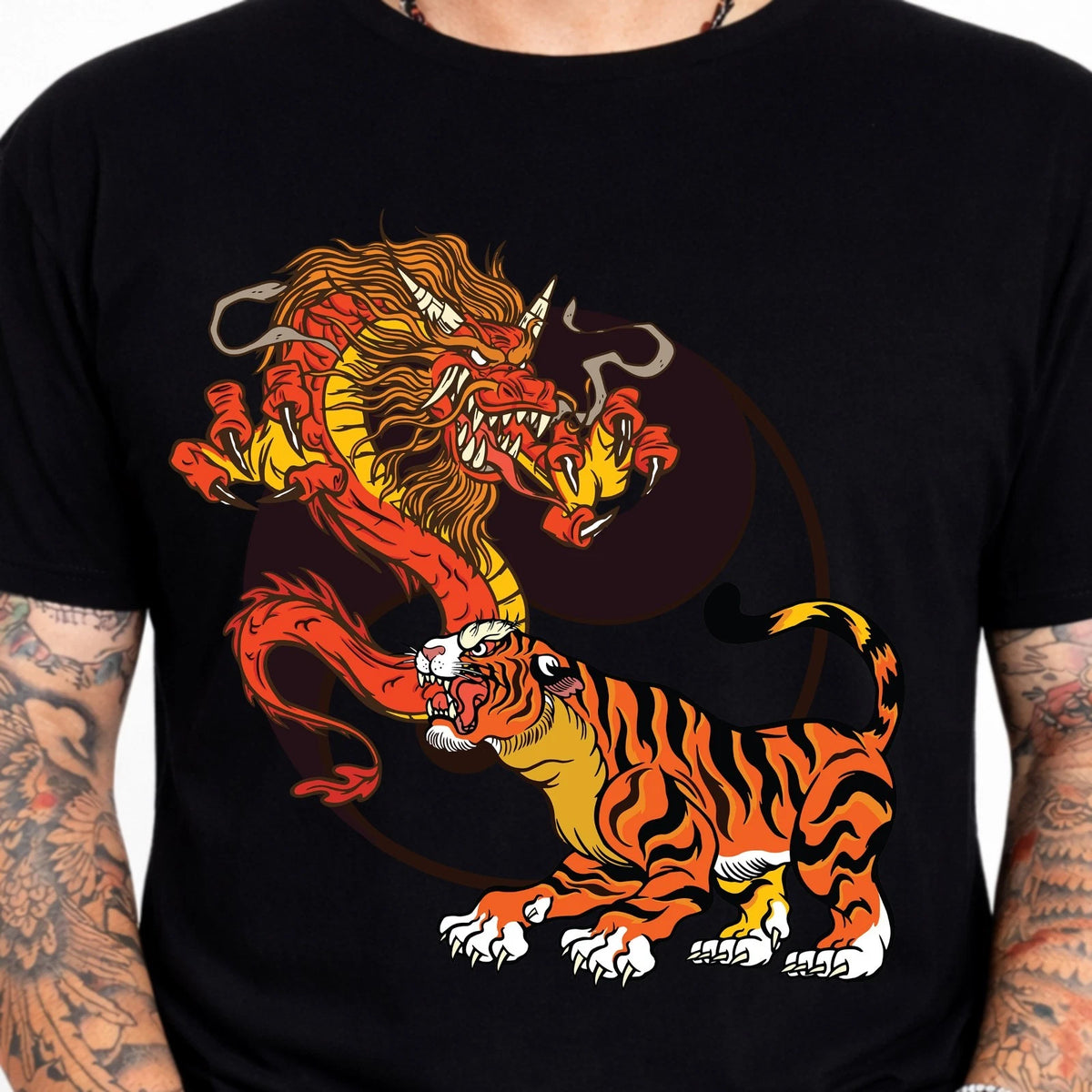 Dragon Tiger Fight Graphic Tee Asian Mythology Yin Yang Streetwear Bold Shirt.
