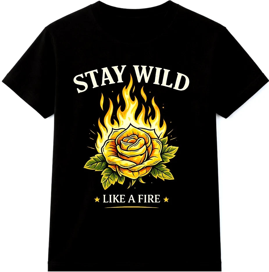 Stay Wild Like A Fire Burning Rose Flames Floral Vintage Biker Graphic T-Shirt.