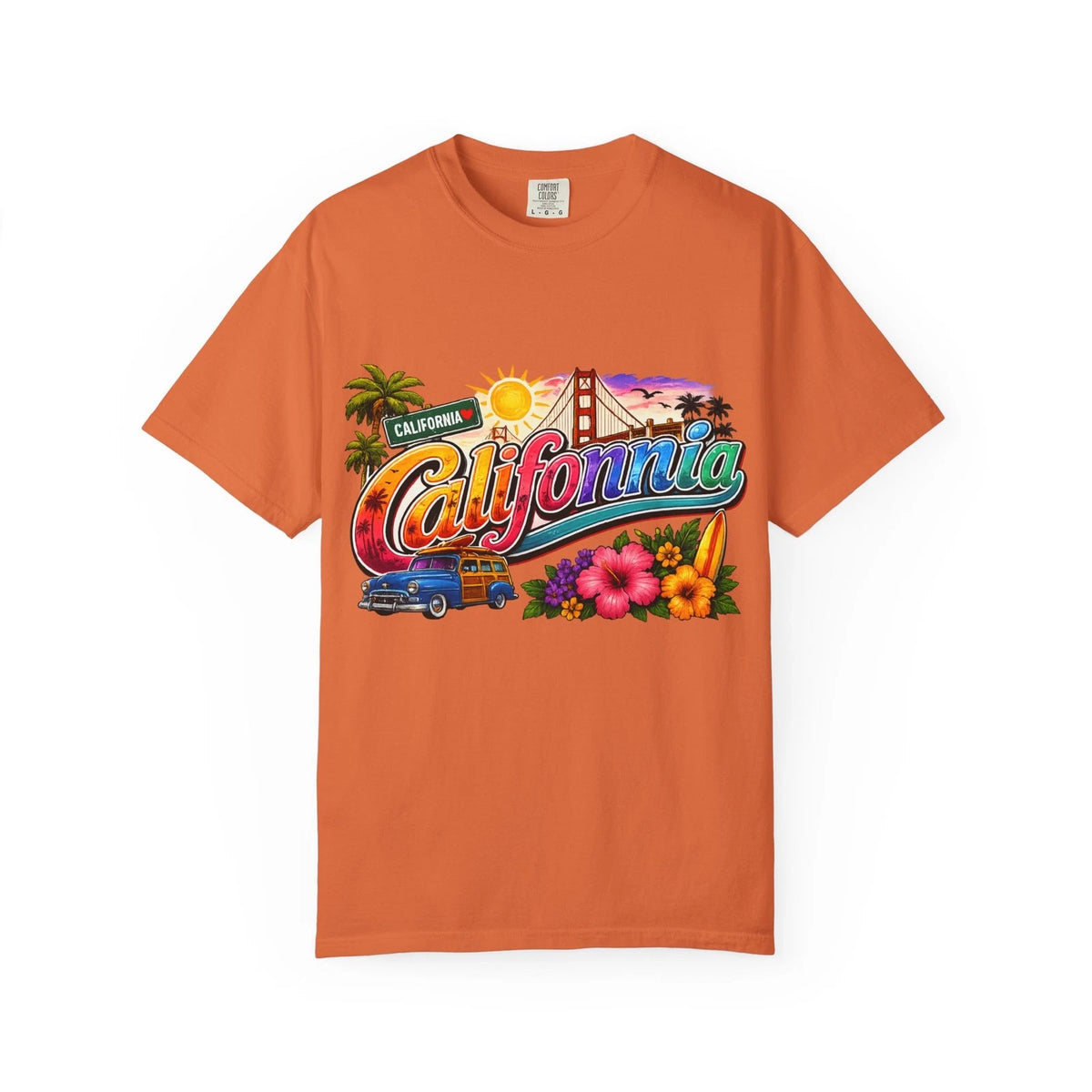 California Retro Sunset T-shirt | Golden Gate, Palm Trees & Surf