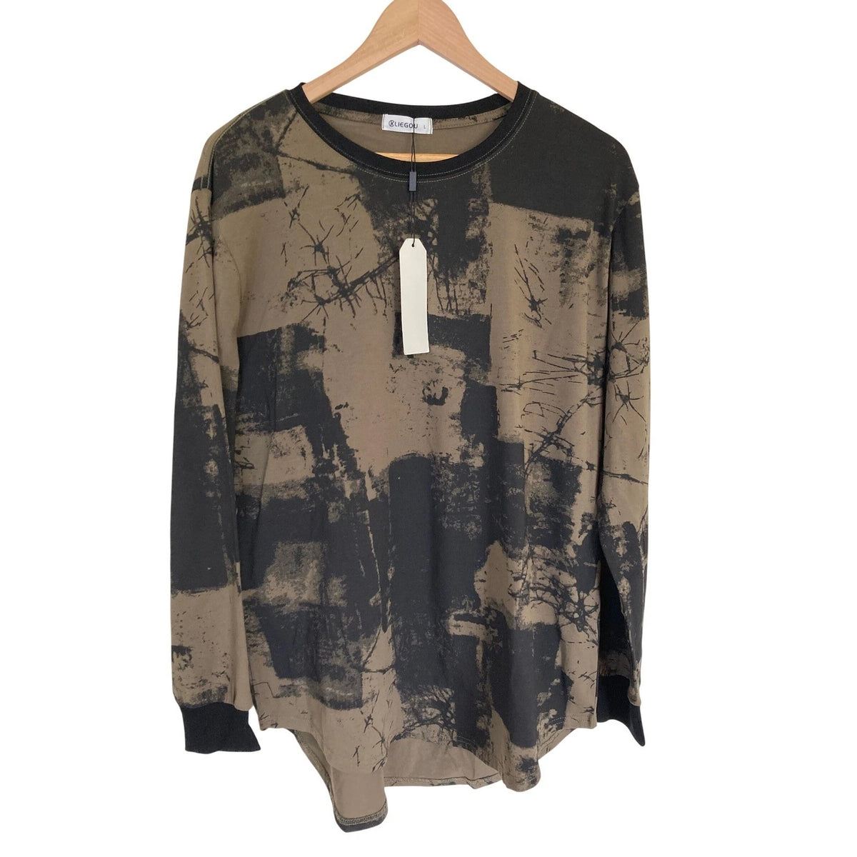 KLIEGOU Mens Abstract Graphic Long Sleeve Shirt Olive Green Black Streetwear L