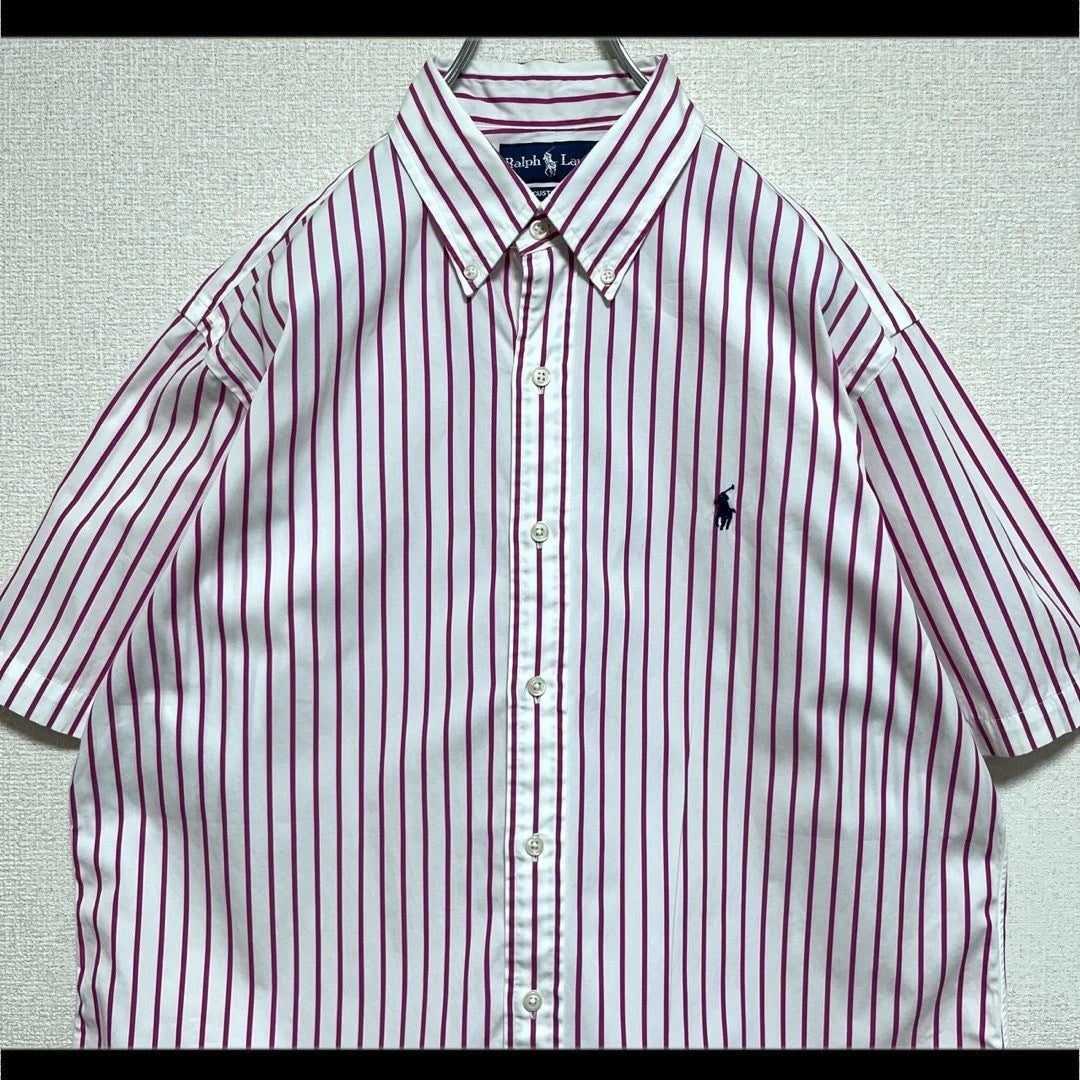 Ralph Lauren BD Shirt Short Sleeve Pink Navy Pony Embroidery Medium Japan