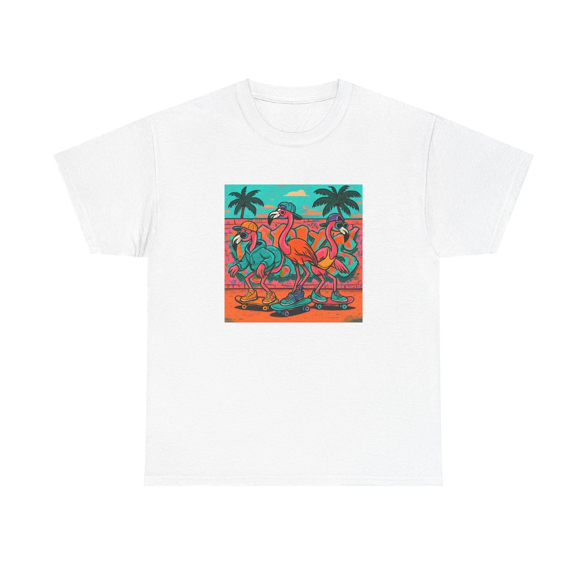 Unisex Adult T Shirt Skateboarding Flamingos Urban Cool