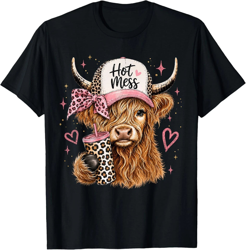 Hot Mess Leopard Highland Cow Coffee Farm Animal Lover T-Shirt unisex T-Shirt