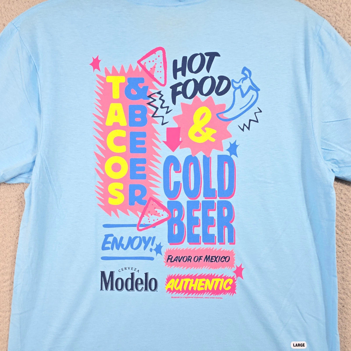 MODELO SHIRT MENS Large Blue Beer Casual Cervesa Tacos Street Food Logo NWT