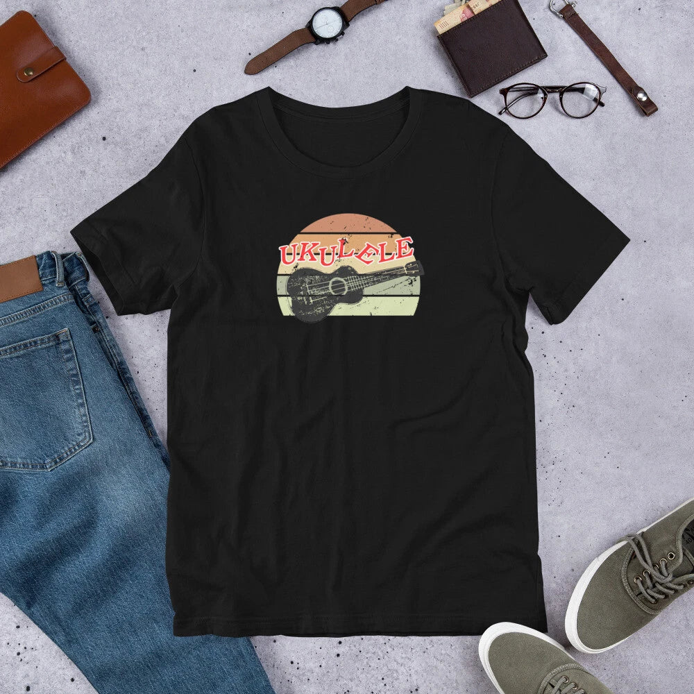 Retro Sunset Ukulele Music Lover Distressed Drawing Tee - Short-Sleeve Unisex