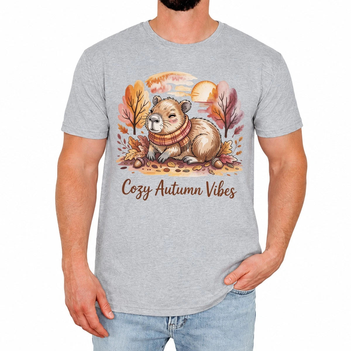 Cozy Bear Mens T-Shirt Cute Autumn Vibes Funny Cartoon Nature Lover Gift