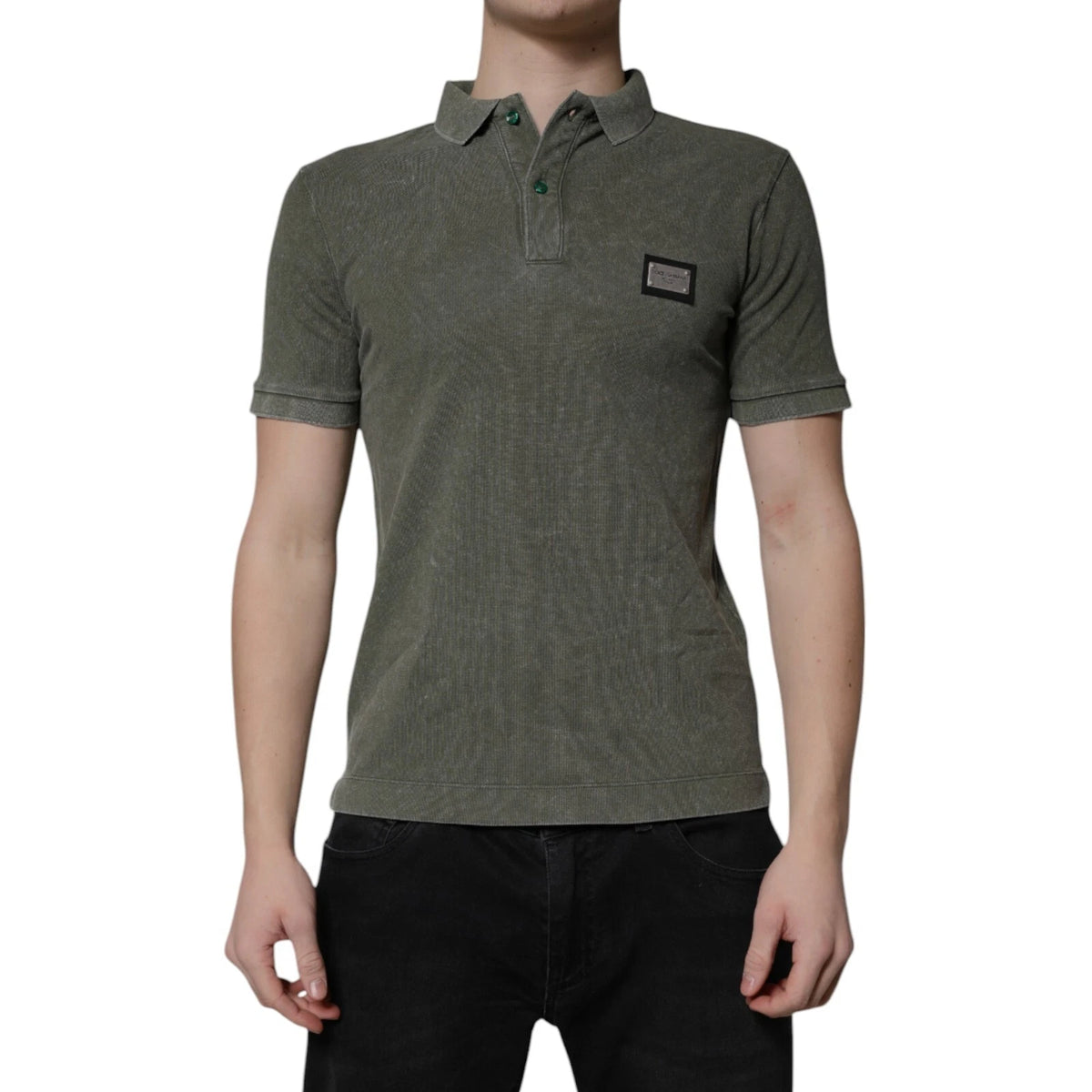 DOLCE & GABBANA T-shirt Army Green Logo Plaque Cotton Polo Shirt IT44/US34/XS