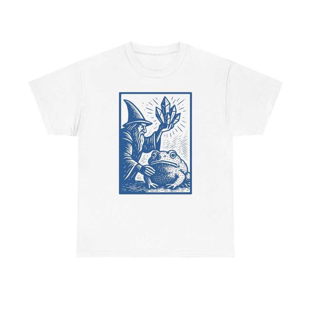 Magical Wizard Tee Shirt with Fixated Frog, Fantasy Quartz Crystal Cluster