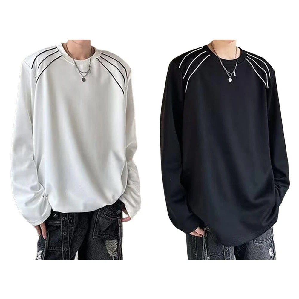 Mens Casual Long Sleeve T Shirt Stripe Patchwork Color Block Street Style