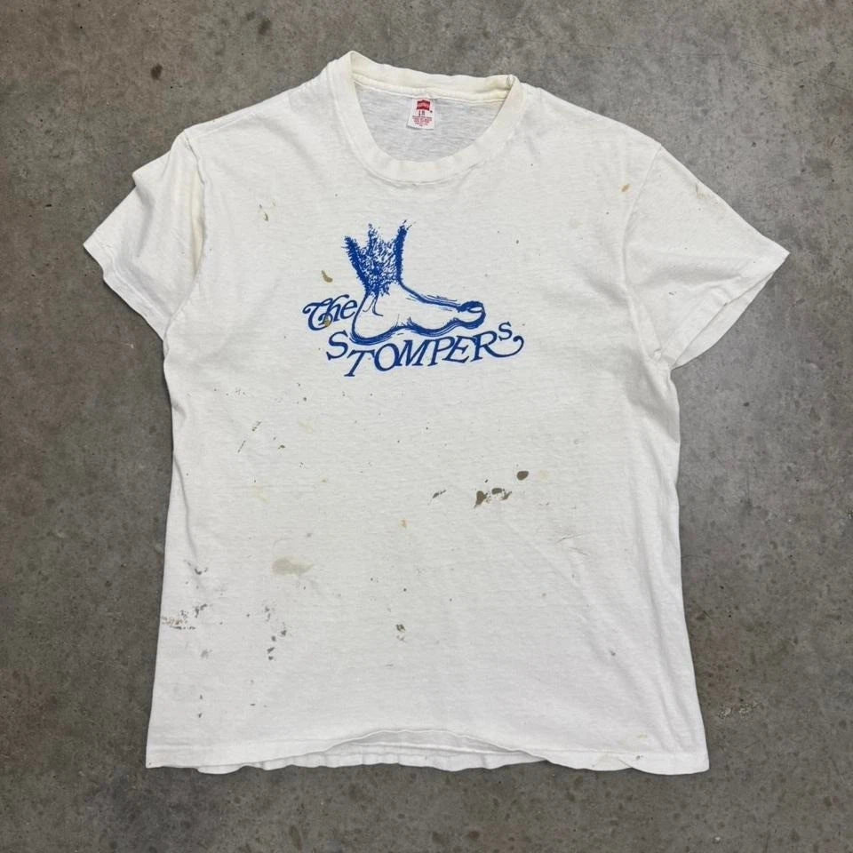 Vintage 70s The Stompers T-shirt Distressed Paint Splatter White Mens Medium